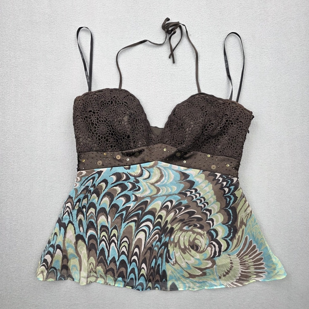 Laundry by Shelli Segal Halter Top Womens Small Crochet Lace 100% Silk VTG Y2K